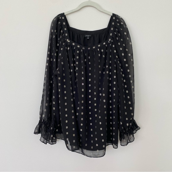 Talbots Plus Black Gold Clip Dot Square Neck Blouse 2X Holiday Party Festive - Picture 2 of 11